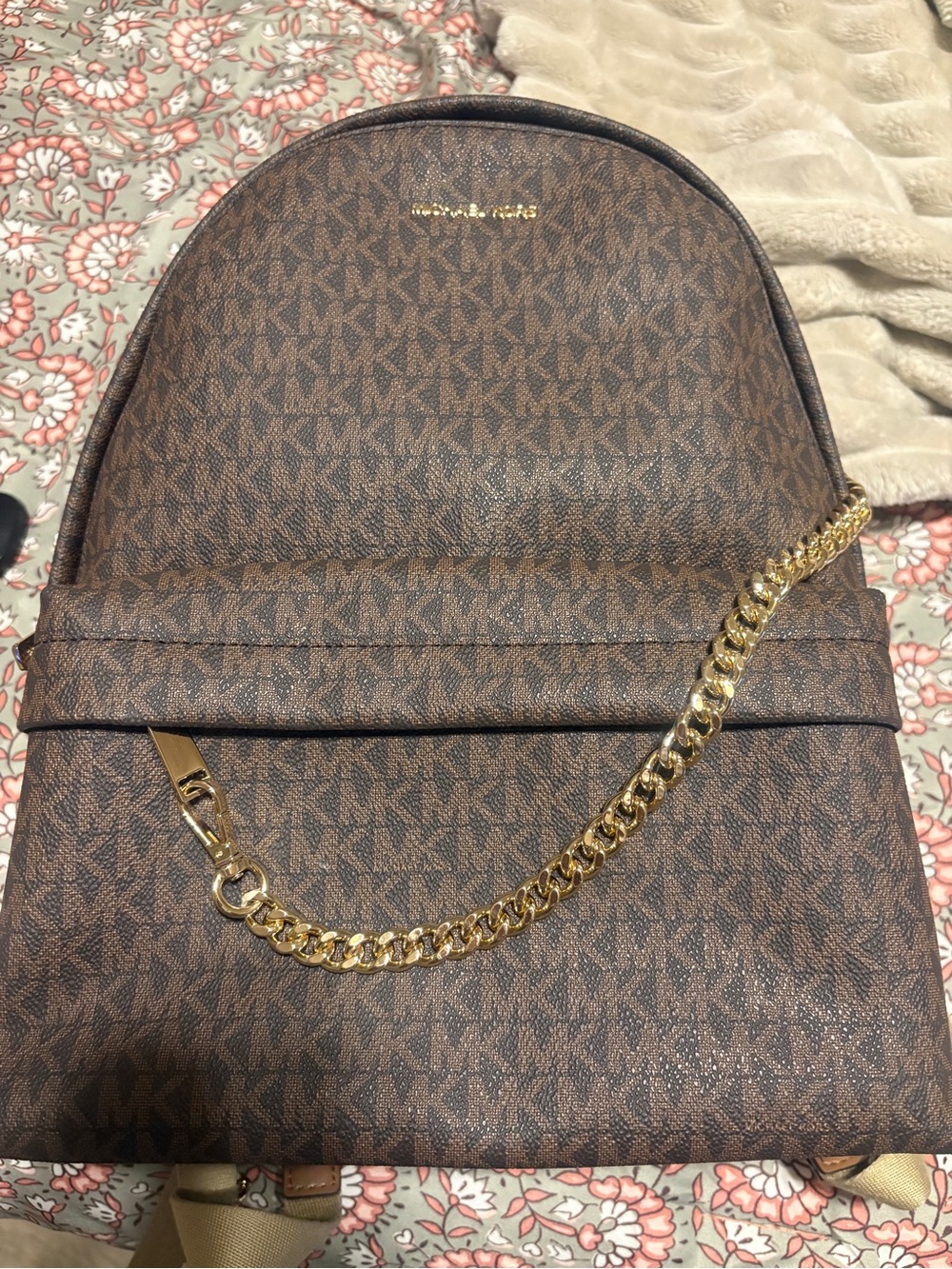 Michael Kors Brown MK Monogram Backpack with Gold Chain Accent